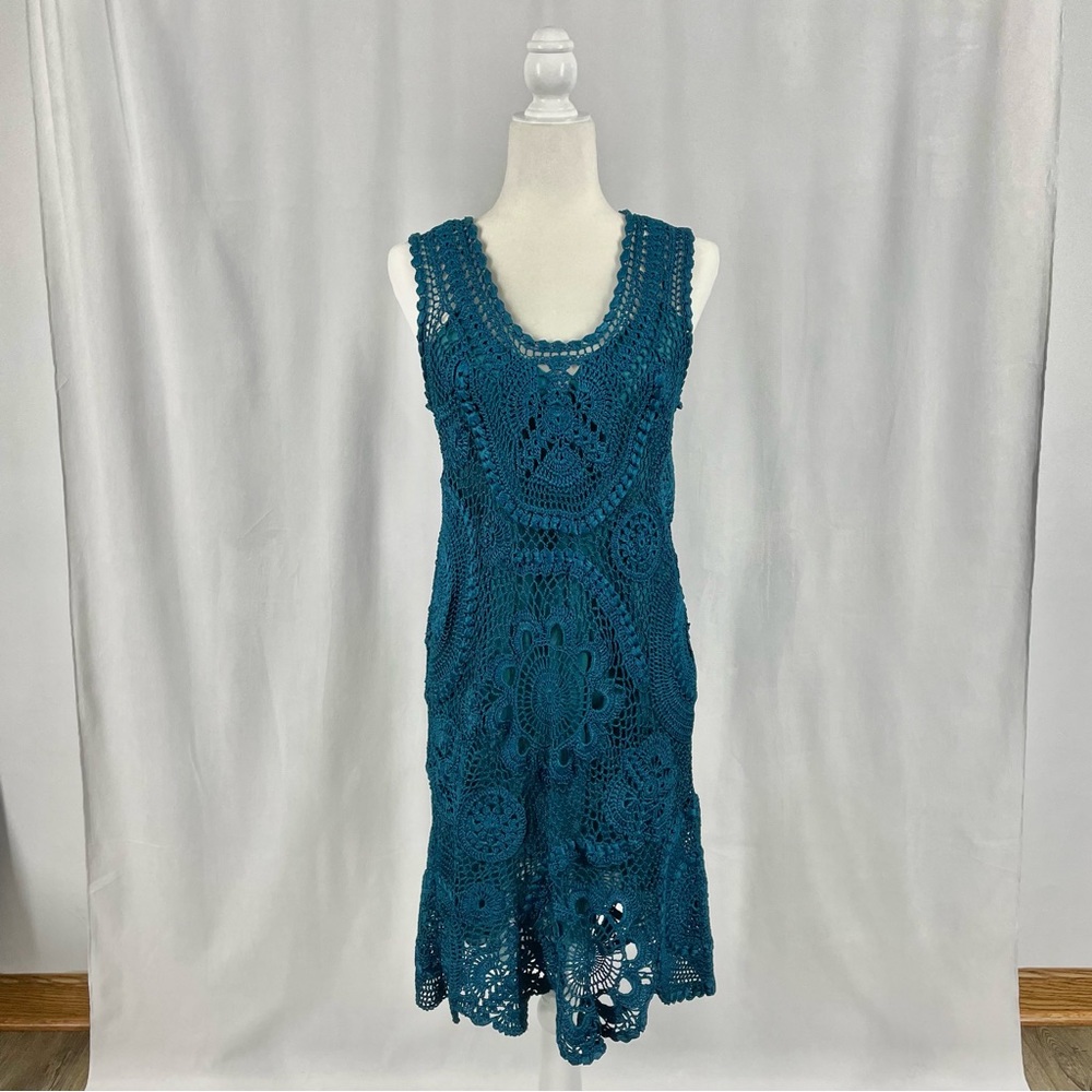 Oscar De La Renta Crochet Silk Short Sleeve Mini Dress L Blue